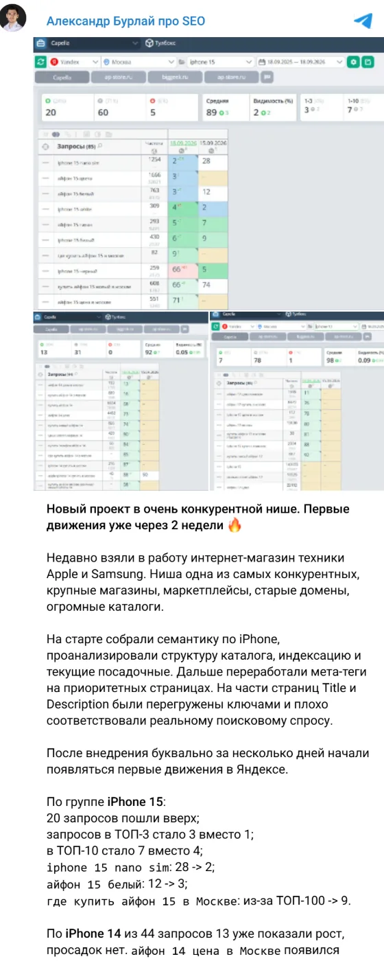 Пост в Telegram-канале: первые движения в Яндексе через 2 недели, интернет-магазин техники Apple и Samsung